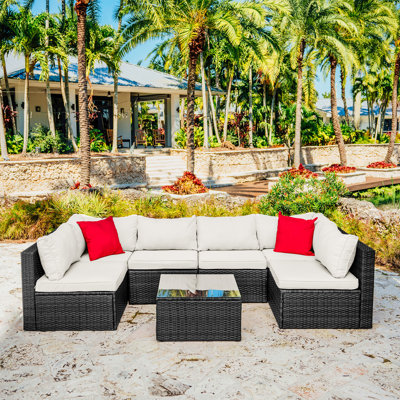 Brayden Studio Bump Outdoor 7 Piece Rattan Sectional Seating Group with Cushions Reviews Wayfair